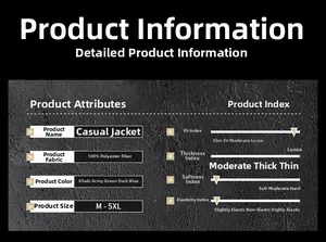 Detailed size chart and product specifications for men's polyester casual jacket