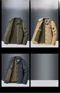 Detail view of cotton work jacket colors with turn-down collar and utility chest pocket