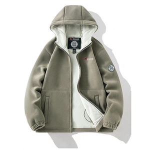 Olive green fleece hooded jacket for men with Norwegian flag embroidery and warm lining