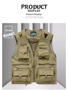 Detail of khaki outdoor fishing vest with multi-functional zipper pockets and mesh lining