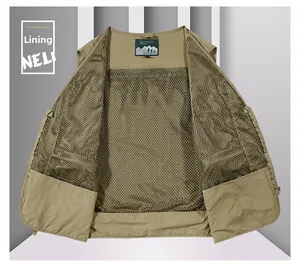 Close-up of khaki outdoor vest showing breathable mesh lining and durable inner fabric