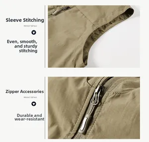 Détail du gilet kaki avec des coutures précises aux emmanchures et un zip métallique durable
