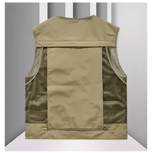 Detailed back view of khaki outdoor vest showing breathable mesh and large zipper pocket
