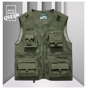 Detail of army green outdoor vest showing utility multi-pockets and breathable mesh lining