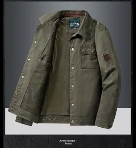 Detail of military green tactical jacket featuring a classic collar and durable cotton fabric