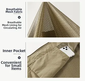 Détail de la veste kaki avec doublure en maille respirante et poche intérieure pour téléphone