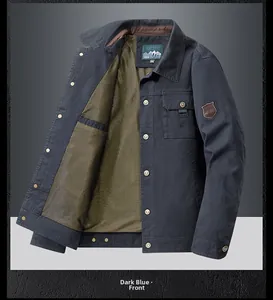 Detail of dark blue men's casual jacket showing collar, pocket and vintage leather patch