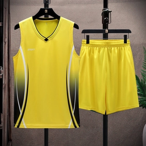 Men's yellow basketball jersey set with breathable quick-dry fabric and sport text