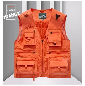 Detail view of orange fishing vest featuring breathable mesh back and multi-pocket design