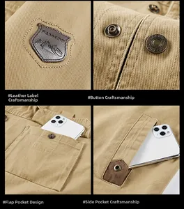 Detailed views of khaki jacket leather patch, metal buttons, and functional flap pockets