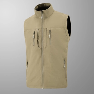 Gilet de Pêche Extérieur pour Homme Multi-Poches Col Montant Sans Manches Veste Décontractée Travail Avec Doublure en Mesh Respirant