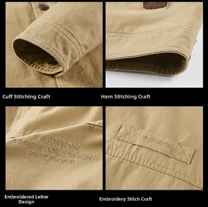 Detail shots of khaki cotton jacket with reinforced double stitching and embroidery