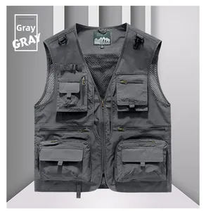 Detail view of multi-pocket fishing vest with breathable mesh lining and durable metal zippers