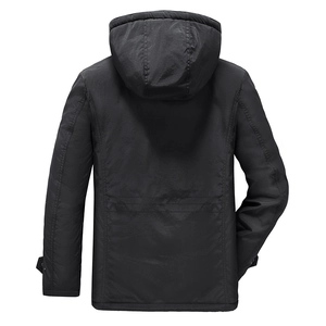 Rear view of men's winter hooded parka with reinforced stitching and adjustable cuffs