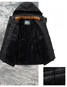 Detail of warm fleece lining and windproof hooded collar on men's winter parka jacket