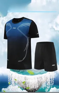 Close-up of quick-dry sports set with blue gradient t-shirt and black shorts in detail