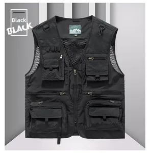 Detail of multi-pocket black fishing vest with V-neck, zippers, and mesh lining