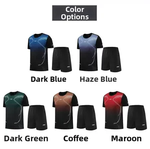 Five color options for men gradient sports set featuring quick-dry t-shirts and black shorts