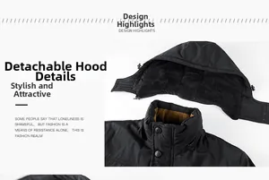 Detail of winter jacket featuring detachable hood and warm black polar fleece lining