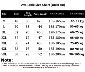 Detailed size chart for men's summer sportswear set with measurements from M to 5XL