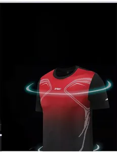 Detail of red and black gradient sports t-shirt with 3D cut and white streamlined texture