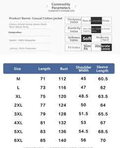 Detailed size chart for men's winter padded coat with measurements from M to 6XL