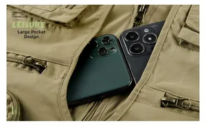 Detail of multi-pocket outdoor vest showing large storage capacity for mobile phones