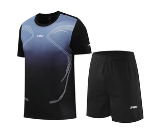 Detail of gradient blue and black men's sports set showing SPORT print and fabric texture