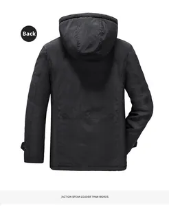 Back view of a men's black hooded windproof jacket with quilted stitching and adjustable cuffs