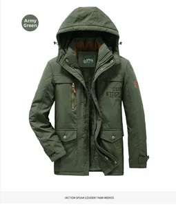 Close-up of military green men's parka with warm fleece lining and multi-pocket design