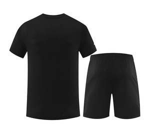 Detailed view of black athletic set including crew neck T-shirt and drawstring shorts