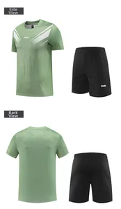 Dettaglio del set t-shirt sportiva verde e pantaloncini neri con stampa RUN e profilo laterale