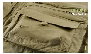 Detail showing the khaki flap pocket and zippered structure of the outdoor fishing vest