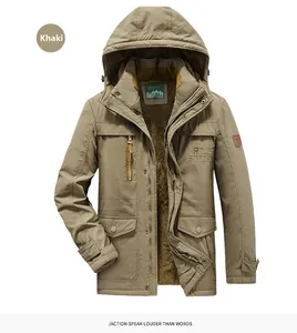 Detail view of khaki winter parka showing fleece lining and functional multi-pockets