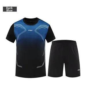 Detail view of quick-dry navy blue gradient sports set with shorts and t-shirt