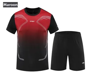 Detailed flat lay of jujube red gradient men's sport set with T-shirt and shorts