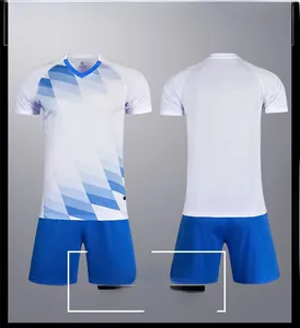 Close-up of breathable blue and white soccer jersey set with geometric diagonal patterns