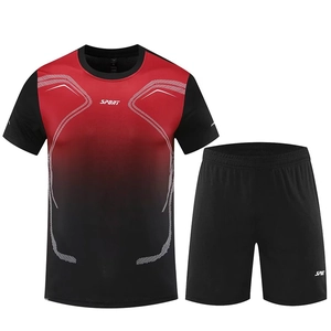 Men's summer sports set with red and black gradient t-shirt and elastic waist shorts