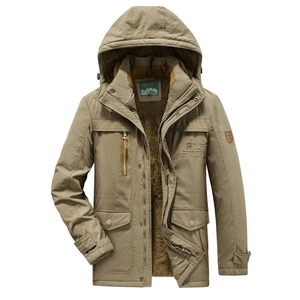 Men's khaki hooded winter jacket with warm fleece lining and multi-pocket cargo design