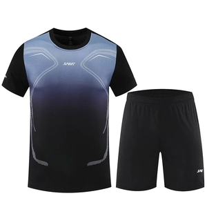 Men's summer sports set with blue gradient t-shirt and black shorts featuring sport logo