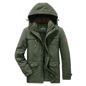 Men's army green hooded winter parka with thick fleece lining and multiple utility pockets