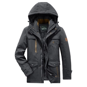 Men's winter heavy padded parka with fleece lining and multi-pocket design in dark grey