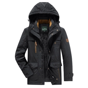 Men's black thickened winter parka with warm fleece lining and multi-pocket design