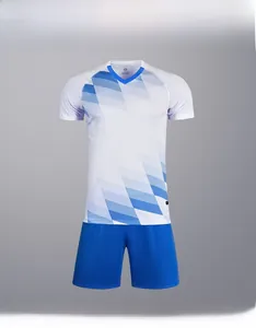 Ghost mannequin shot of breathable V-neck soccer jersey with blue geometric gradient patterns