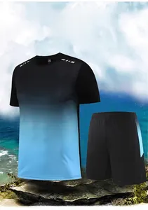 Macro view of quick-dry men's sports set with blue gradient and breathable fabric