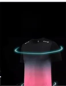 Close-up of dual-needle stitching and breathable gradient fabric on men's sport tee