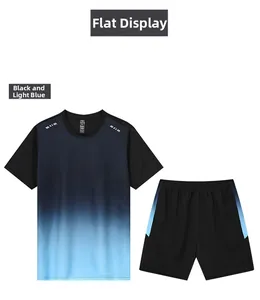 Detail view of men's quick-dry sports set featuring black to light blue gradient t-shirt
