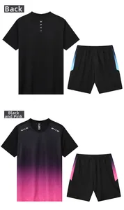 Detail of men's quick-dry sports set showing back arrow print and black-pink gradient design