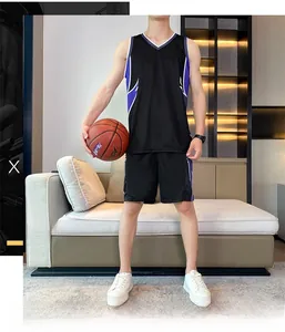 Detail of black breathable basketball jersey set with purple geometric side panels