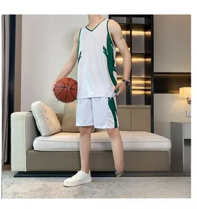Men's quick-dry white basketball jersey with green side details and matching shorts set